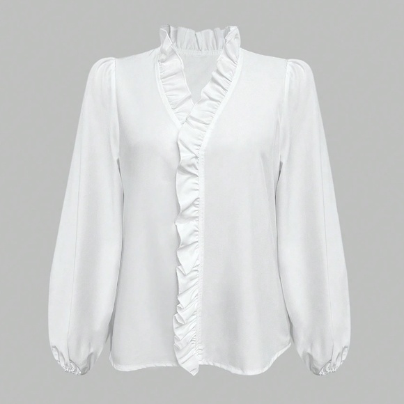 Classic White Solid Ruffle detail V neck Long sleeve Top - Picture 5 of 5
